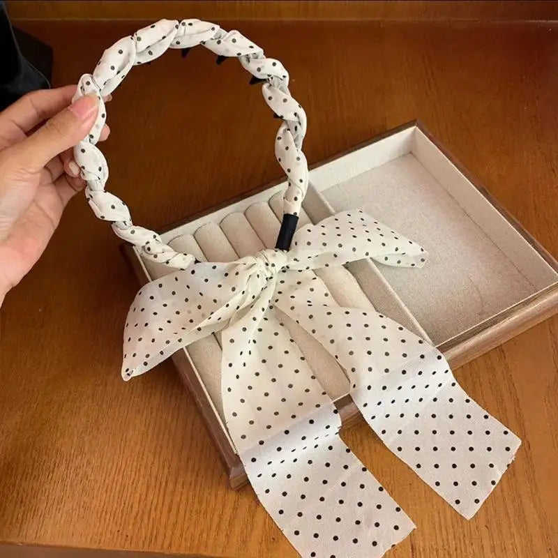 Polka Dot Bow Braided Headband – Non-Slip Chiffon for Women