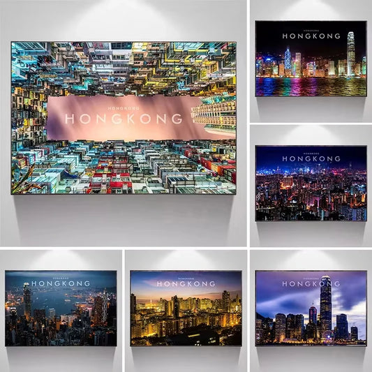 Hong Kong Night View Canvas Wall Art | Modern Cityscape Poster Canvas Wall Art Peaceful Pleasures Health and Wellness