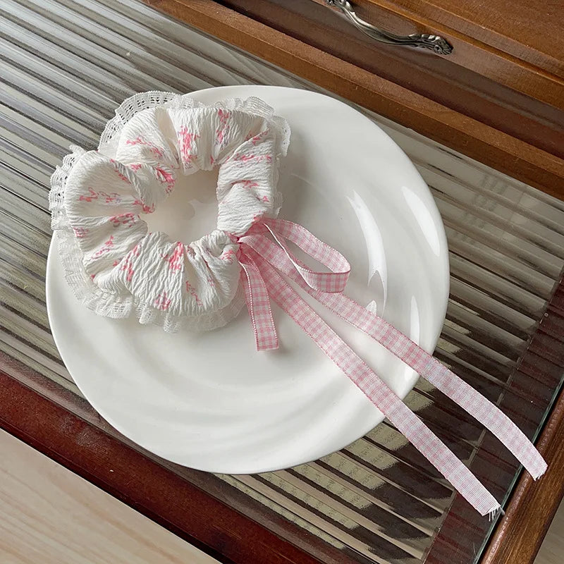 Sweet Lace Bows Scrunchie Long Ribbon Hair Rope Cute Donut Hair Band Fashion Female Hair Accessories Elegant Headdress Fashion Peaceful Pleasures Health and Wellness Pink