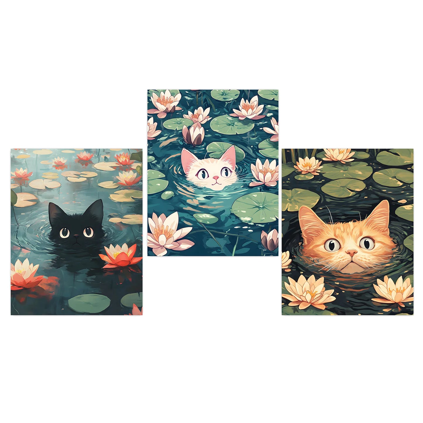 Vintage Animal Wall Art, Impressionist Water Lily Cat Canvas Painting, Nordic Poster Print for Bedroom Living Room Wall Decor Peaceful Pleasures Health and Wellness 01 21X30cm No Frame China Mainland