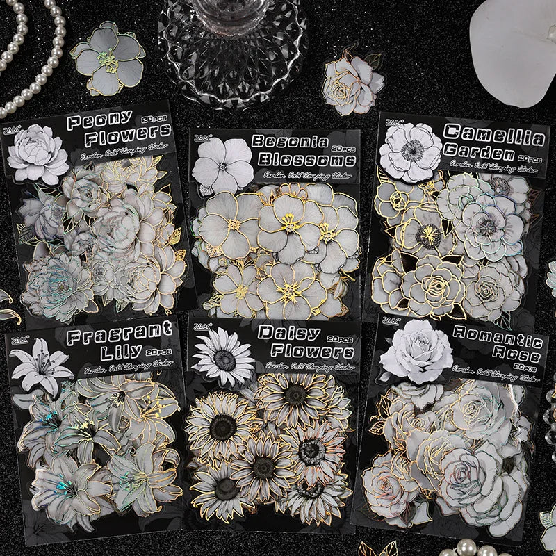 Black and White Flower Stickers with Gold Holographic Outlines, Glitter Shiny Waterproof Decals for Scrapbooking, Journal Peaceful Pleasures Health and Wellness
