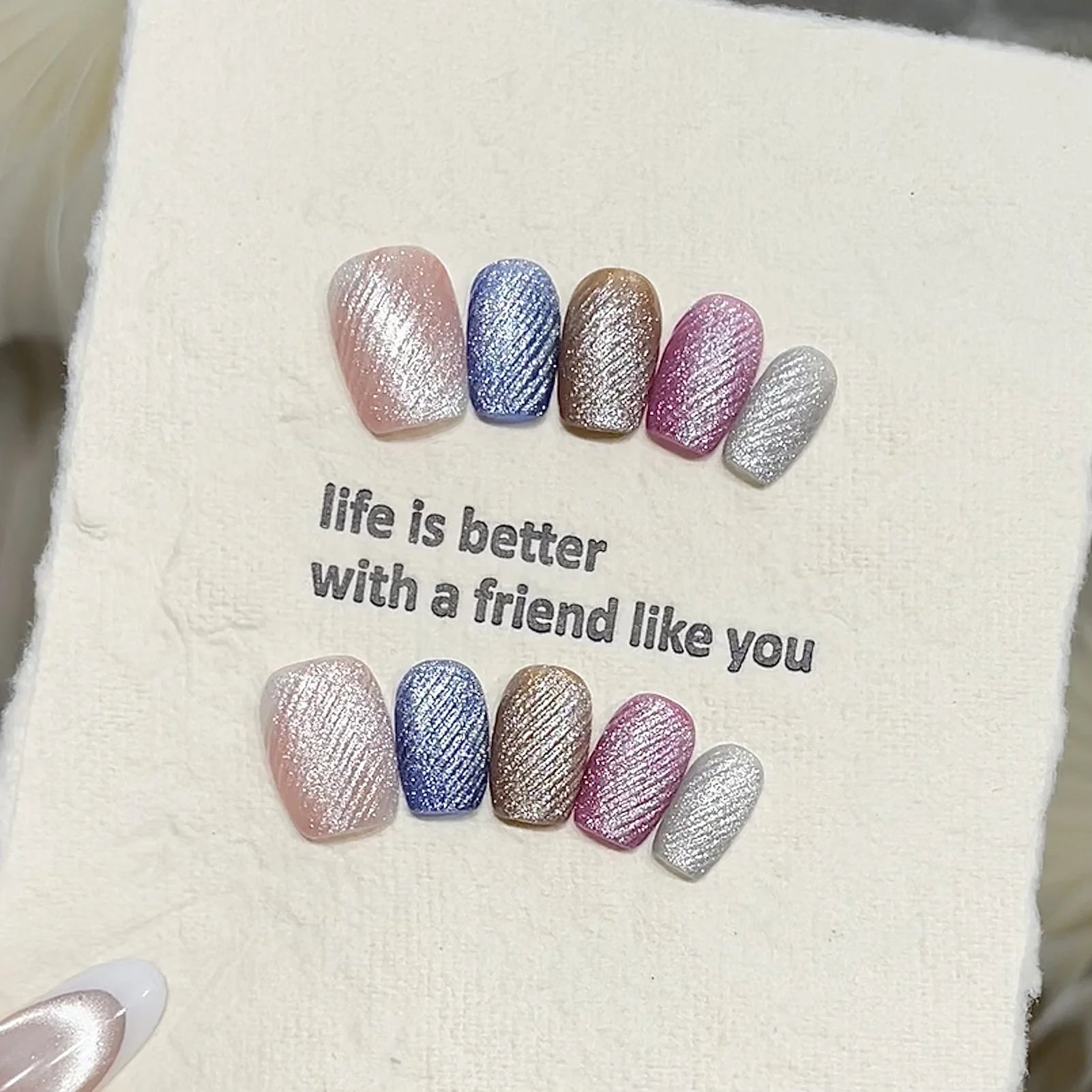 10pcs Velvet Cat Eyes Short Handmade Fake Nails Press On Nails With Gradient Shimmer Design Wearable Colorful Glitter False Nail Peaceful Pleasures Health and Wellness L
