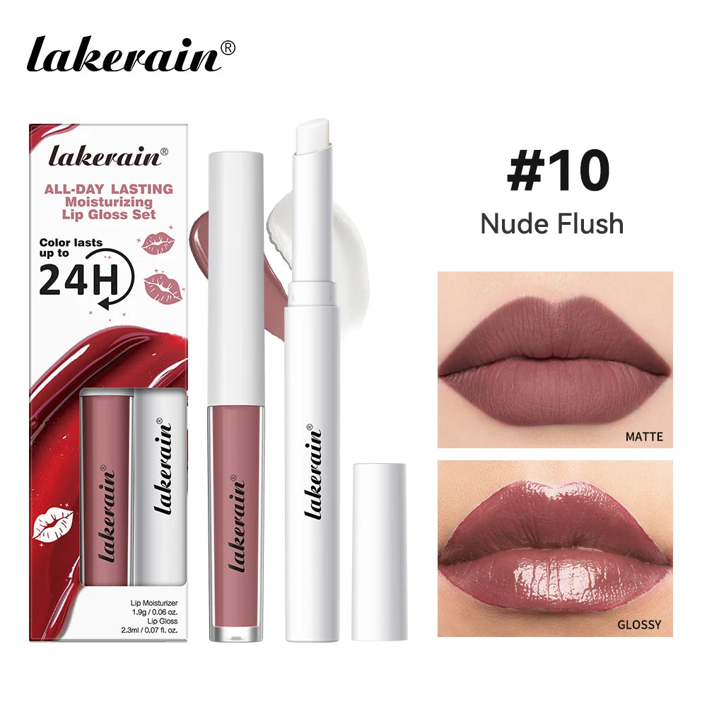Lakerain Moisturizing Lip Gloss 2-in-1 Set Waterproof Sweat-proof Matte Topcoat Finish Long Lasting Moisturizing Smooth Lip Skin Peaceful Pleasures Health and Wellness Nude Flush