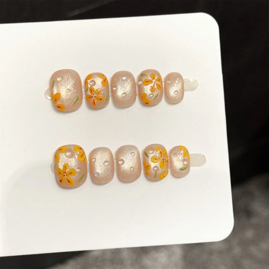 Handmade Press On Nails Nude Pink Cat Eye Floral Short Round Press-On Nail Set Peaceful Pleasures Health and Wellness
