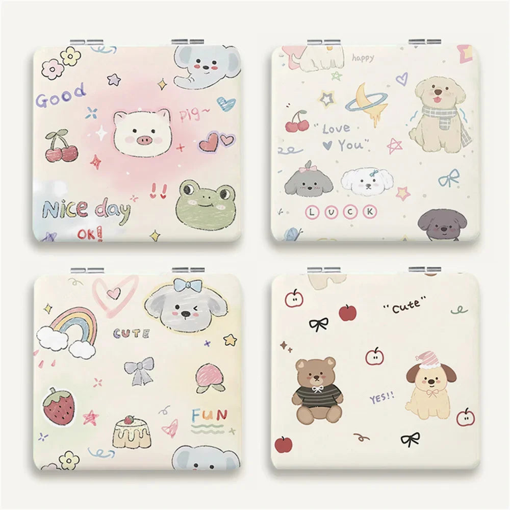 Double-Sided Folding Pocket Mirror – Cute Puppy Bear Design