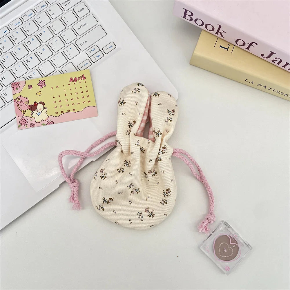 Cute Rabbit Ear Floral Drawstring Storage Bag Outdoor Portable