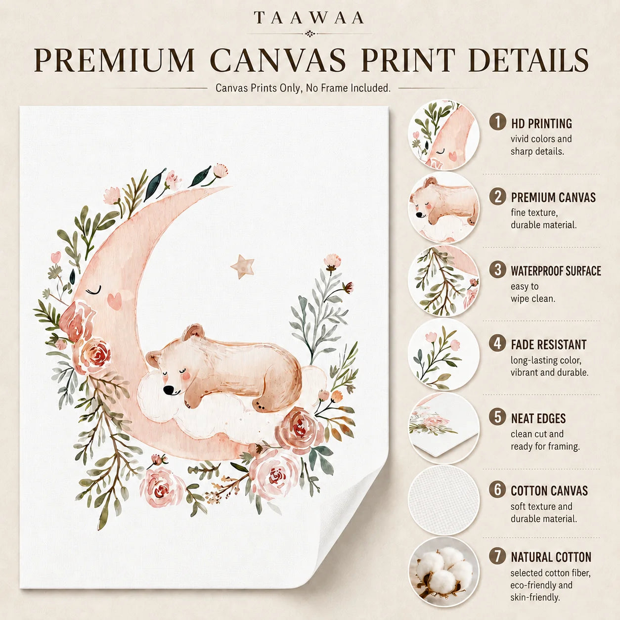 Teddy Bear Moon Nursery Canvas Wall Art | Kids Room Poster Nursery Canvas Print Peaceful Pleasures Health and Wellness