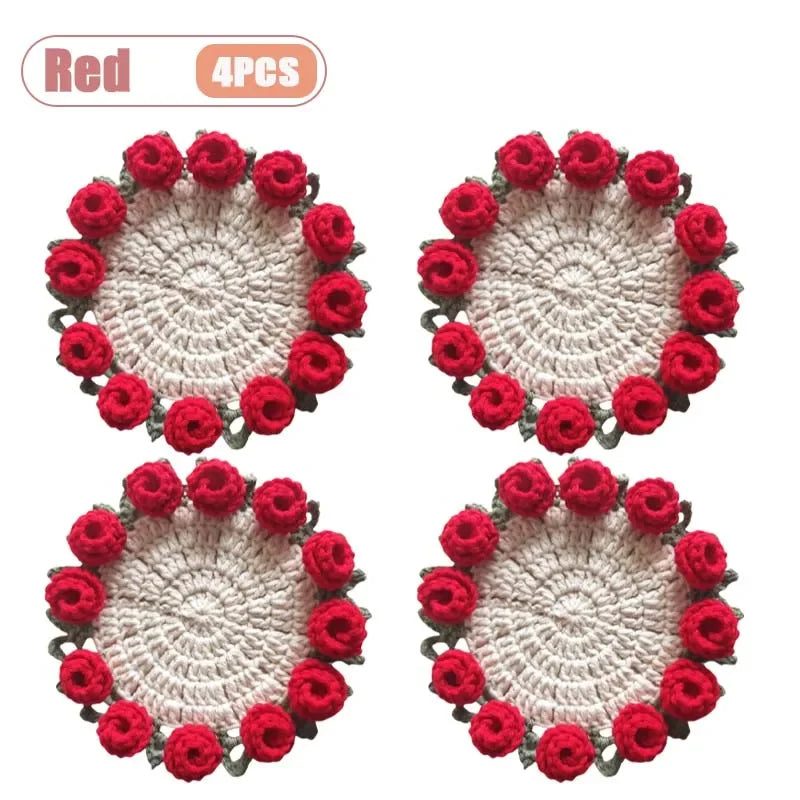 Hand Crochet Rose Flower Coasters | Heat Resistant Wool Mat Set