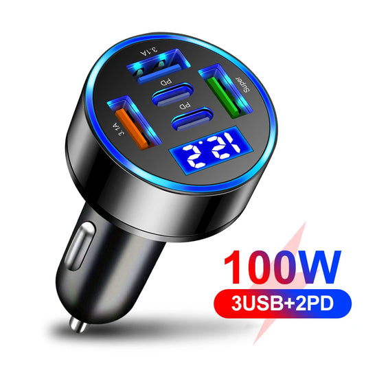 5-in-1 Car Charger 100W PD QC 3.0 Fast Charge USB-C 5-Port Multi-Port Car Charger Peaceful Pleasures Health and Wellness