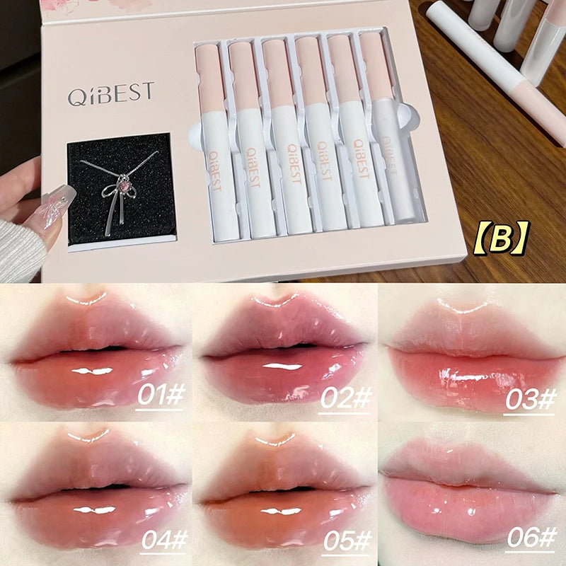 QIBEST 6Pcs/Box Matte Velvet Lipstick Sets Lasting Lip Glaze Kits Moisturizing Mirror Watery Lipgloss Makeup Set Necklace Gift Peaceful Pleasures Health and Wellness B Lip Glaze
