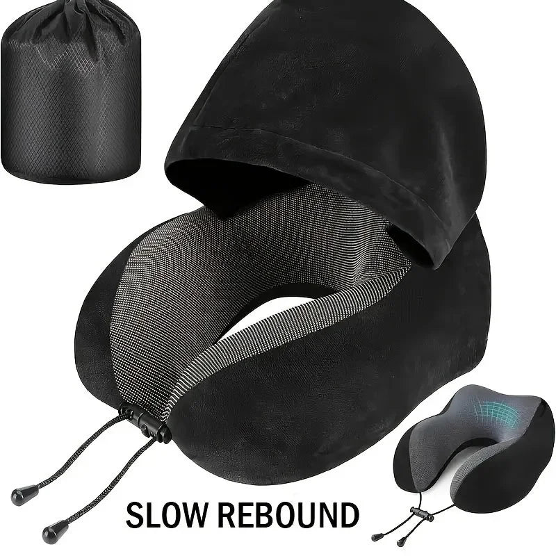 Memory Foam Hooded U-Shaped Travel Pillow with Detachable Cover Portable Neck Support for Airplane Office Nap Car and Home Use Peaceful Pleasures Health and Wellness black 25x23x15cm