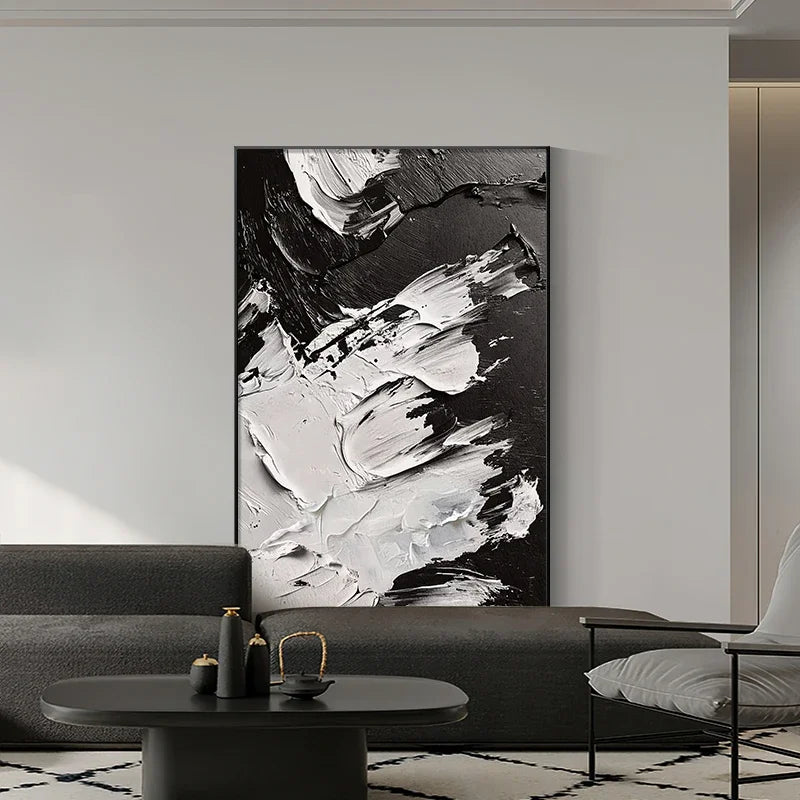 Hand Drawn Black and White Abstract Simple Modern Living Room Floor Painting, High-end Art Entrance Hanging Painting Peaceful Pleasures Health and Wellness