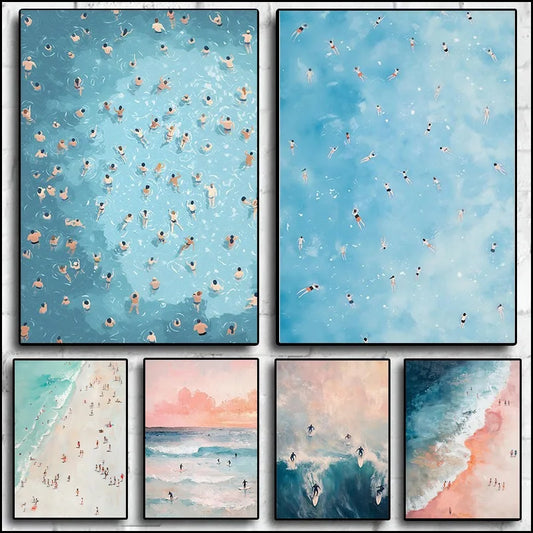 Ocean Beach Surfers Canvas Wall Art | Coastal Home Decor Print Canvas Wall Art Peaceful Pleasures Health and Wellness