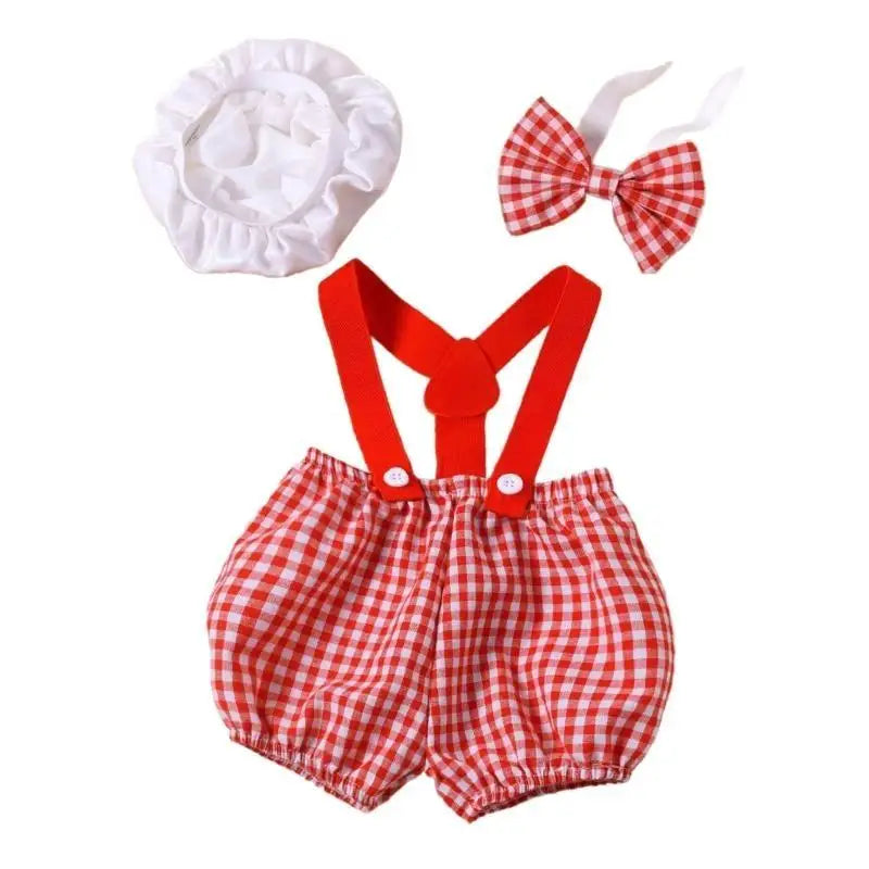 Newborn Photography Outfit 3-Piece Set – Checkered Overall & Hat