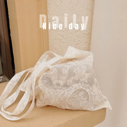 New Soft Embroidered Floral Shoulder Bag Organza Large Capacity Lace Handbag Portable Tote Bag Women shoulder bag hand bags Peaceful Pleasures Health and Wellness