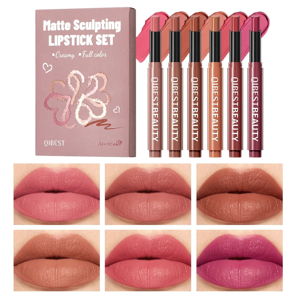 QIBEST 6 Colors Matte Lipstick Sets Lasting Moisturizing Nude Sculpting Lipstick Pencil Makeup Hydrating Lip Stain Tint Cosmetic Peaceful Pleasures Health and Wellness Lipstick Sets