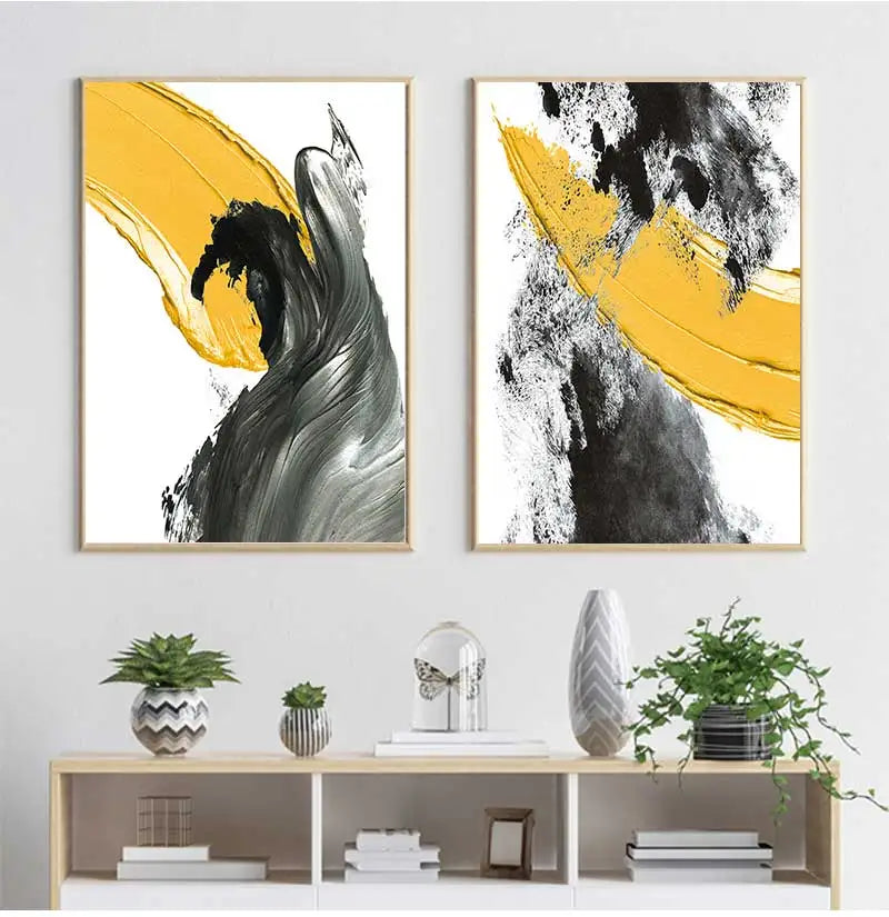 Abstract Yellow & Black Nordic Canvas Wall Art Print | Unframed