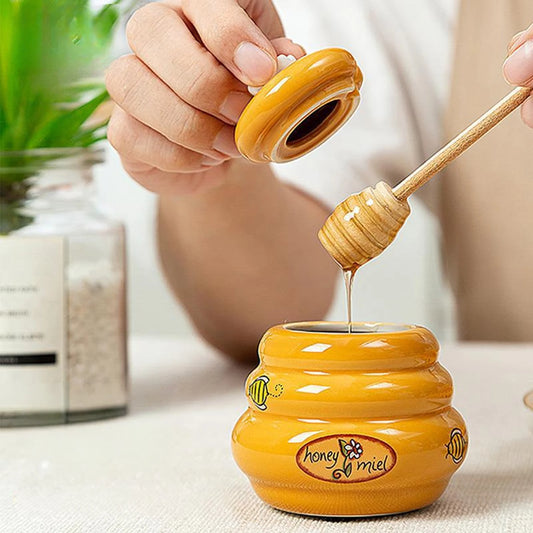 Ceramic Honey Storage Jar With Lid And Stirring Stick Reusable Kitchen Condiment Container For Honey Water Peaceful Pleasures Health and Wellness