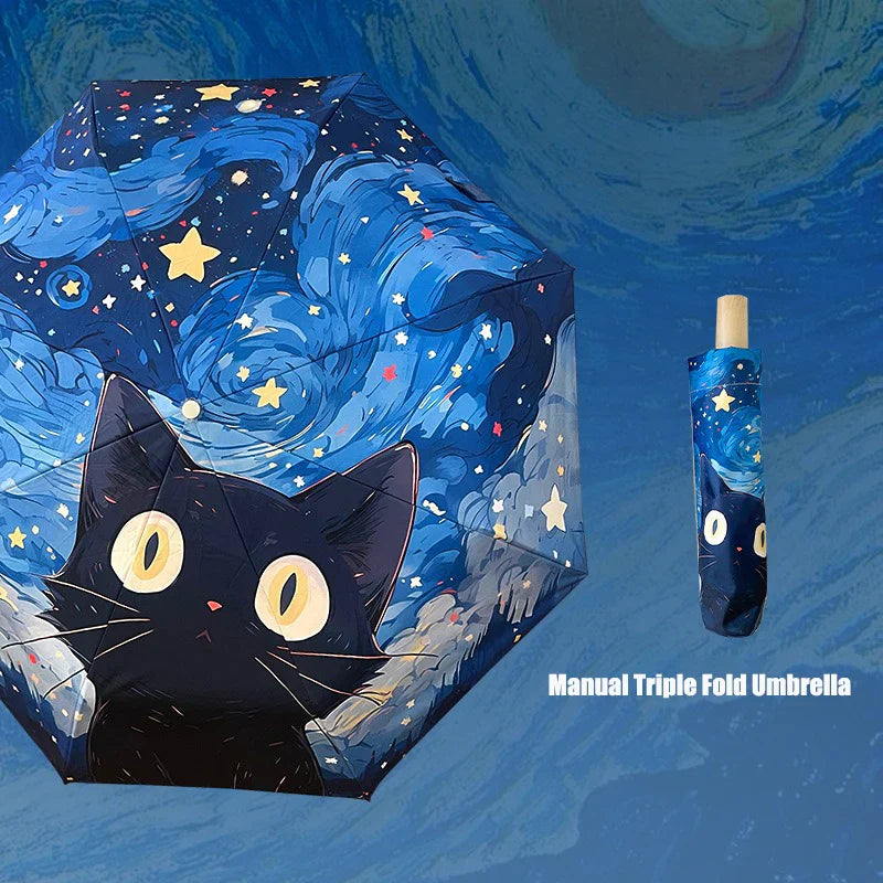 Blue Cartoon Cat Folding UV Umbrella – Sun & Rain Protection