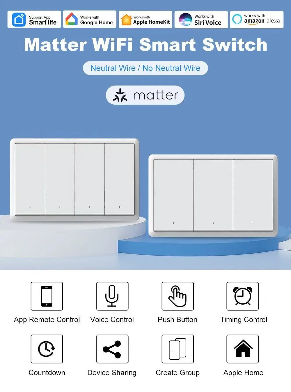 Matter WIFI Smart Switch No Neutral Wire &Neutral Wire Required Wall Button Light Switches 1 2 3 4 Gang Work with Apple Homekit Peaceful Pleasures Health and Wellness
