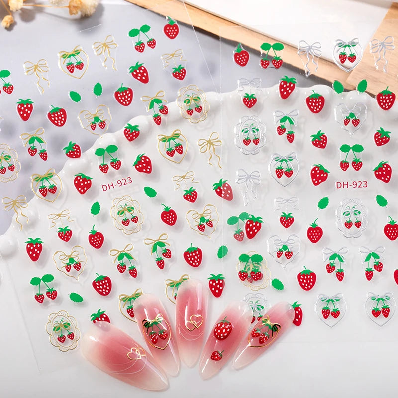 Fresh Sweet Fruits Strawberry Cherry Bowknot Love Heart Bow 5D Nail Art Stickers Self Adhesive Decorations Nail Manicure Decal Peaceful Pleasures Health and Wellness