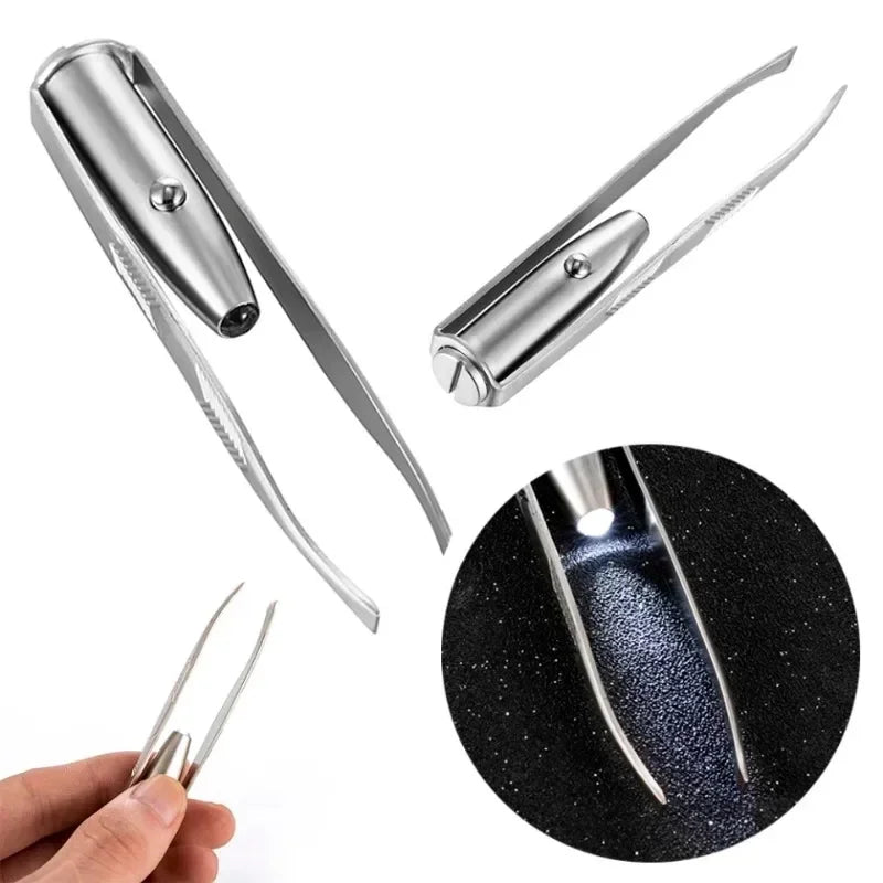 3pcs Makeup Tool, Slant Tip Hair Removal Eyelashes Eyebrow Tweezers, Professional Stainless Steel, Makeup LED Light with Battery Peaceful Pleasures Health and Wellness