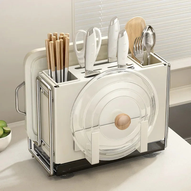 Simple Chopsticks Cutlery Bucket Knives Rack Pot Lid Cutting Board Storage Shelf Kitchen Multifunctional Rack With Drainage Tray Peaceful Pleasures Health and Wellness