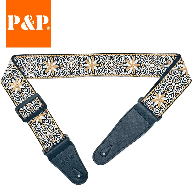 Guitar Strap Embroidered Belt Adjustable Jacquard Band Cotton Leather