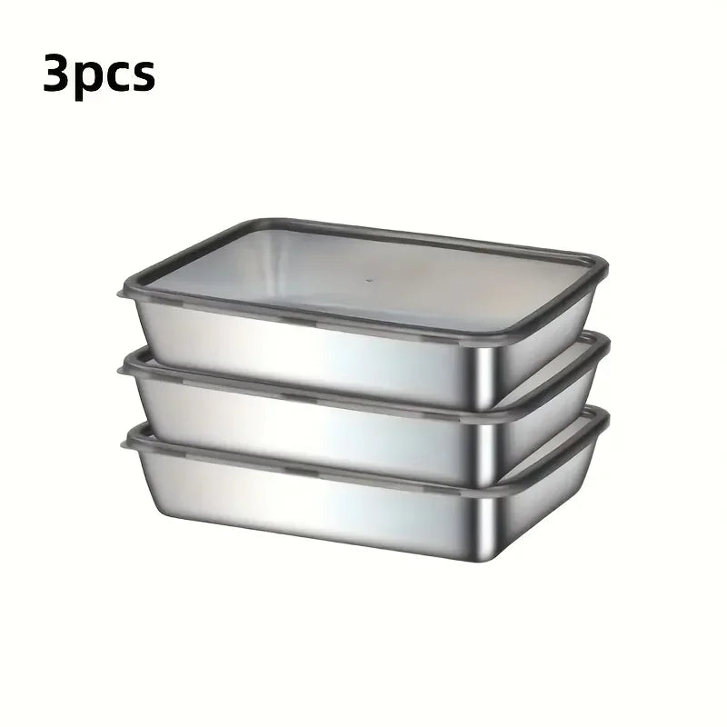 Stainless Steel Covered Dumpling Plate Rice Plates Rectangular Tray Barbecue Plates Vegetable Plates Practical Kitchen Tools New Peaceful Pleasures Health and Wellness silver-3pcs