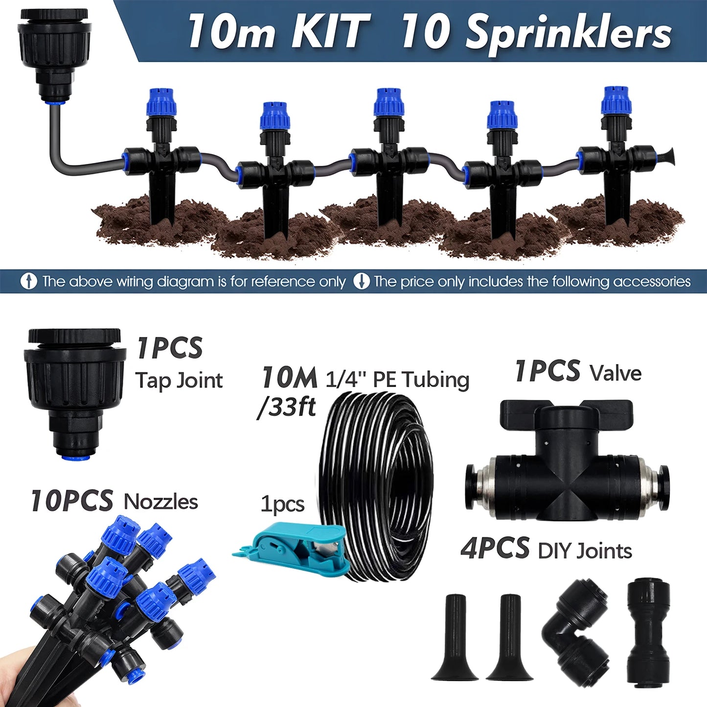 Garden Irrigation Watering Kit 6mm Quick Push Slip Lock 1/4" Outdoor Drip Sprayer 8-hole Dripper with Stake Adjustable Sprinkler Peaceful Pleasures Health and Wellness 10m Kit