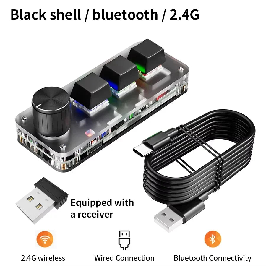 3 Keys 1 Knob Customize Keyboard 2.4G Bluetooth Programming Macro Mechanical Keyboard Hot Plug Keypad Shortcut Key E-sports Game Peaceful Pleasures Health and Wellness Black Bluetooth 2.4G