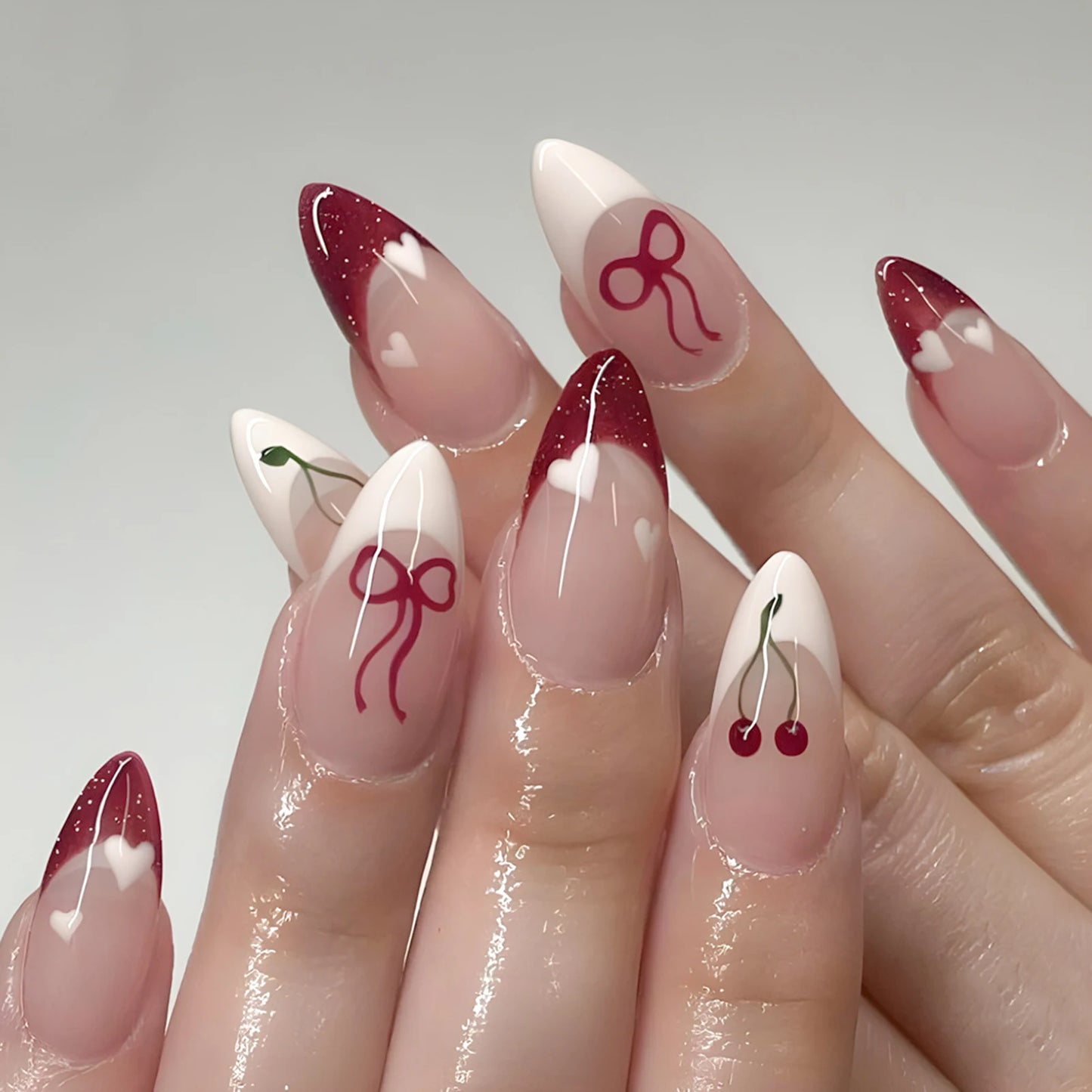 Korean Bow Press On Nails – Wine Red Almond | 24pcs Set