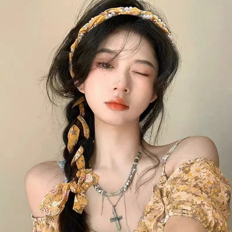 Summer Floral Braided Headband Womens Tied Hair Scarf Floating Headband Headband One System Pearl Tie Peaceful Pleasures Health and Wellness yellow