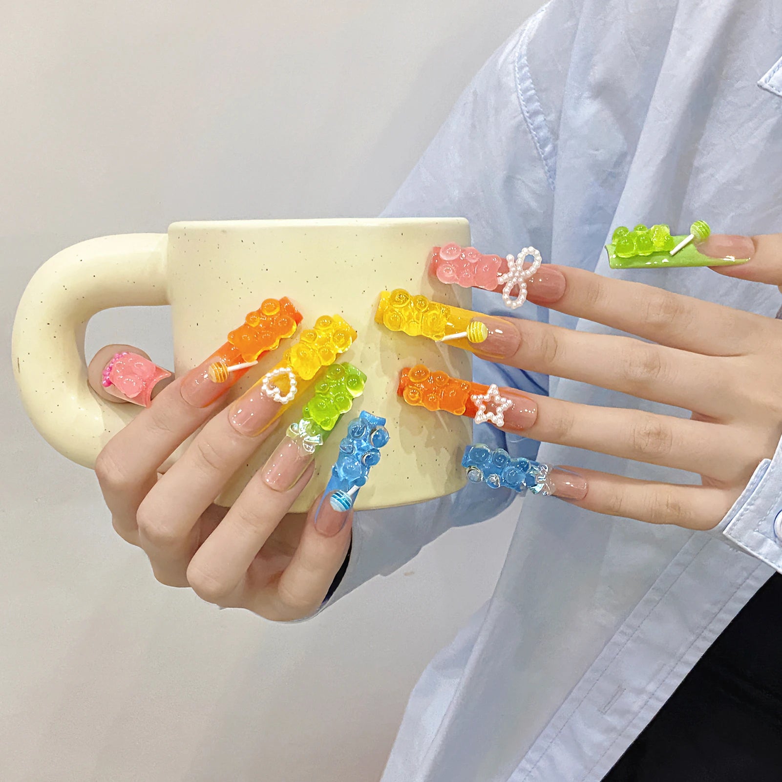 Handmade Press on Nails Cute Candy Bear Bow Love Decor False Nails for Women Wearable Full Cover European Extra Long Fake Nails Peaceful Pleasures Health and Wellness