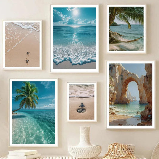 Beach Turtle Ocean Waves Palm Beach Landscape Poster Print Canvas Painting Nordic Wall Art Pictures Living Room Home Decor Peaceful Pleasures Health and Wellness