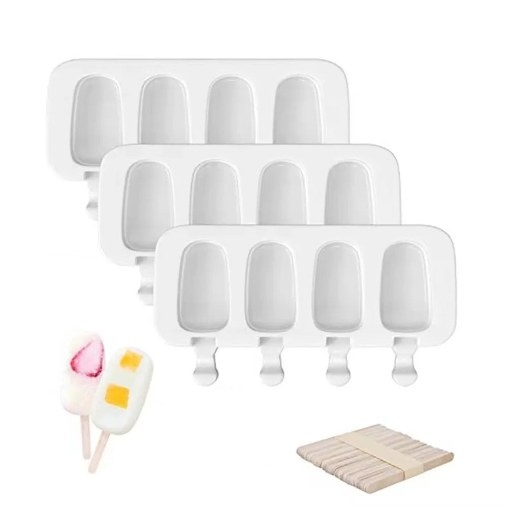 4-Cell Silicone Popsicle Mold | DIY Oval Ice Cream Tray + Sticks