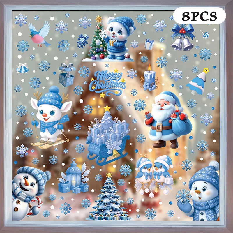 Blue Christmas Window Clings – Santa, Snowflakes & Reindeer Set