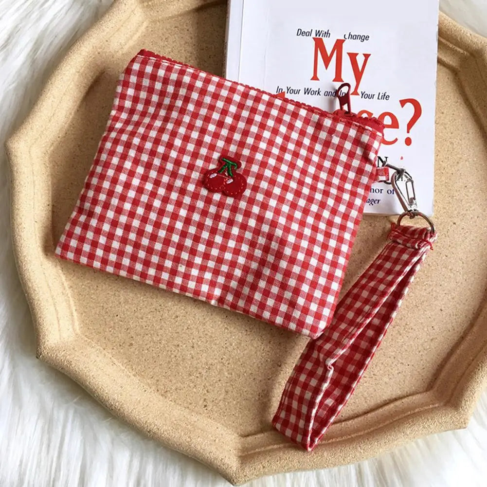Red Cherry Canvas Makeup Bag, Portable and Easy to Carry. Red Plaid, Large Capacity Cosmetic Lipstick Storage Bag. Peaceful Pleasures Health and Wellness