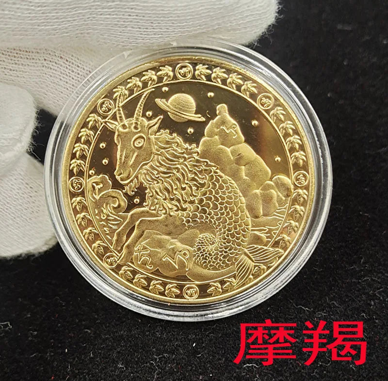 European 12 Zodiac Signs Commemorative Coin Tarot 4cm Iron Medallion Lucky Coin Wishing Coins Tooth Fairy Commemorative Coin Peaceful Pleasures Health and Wellness Capricorn
