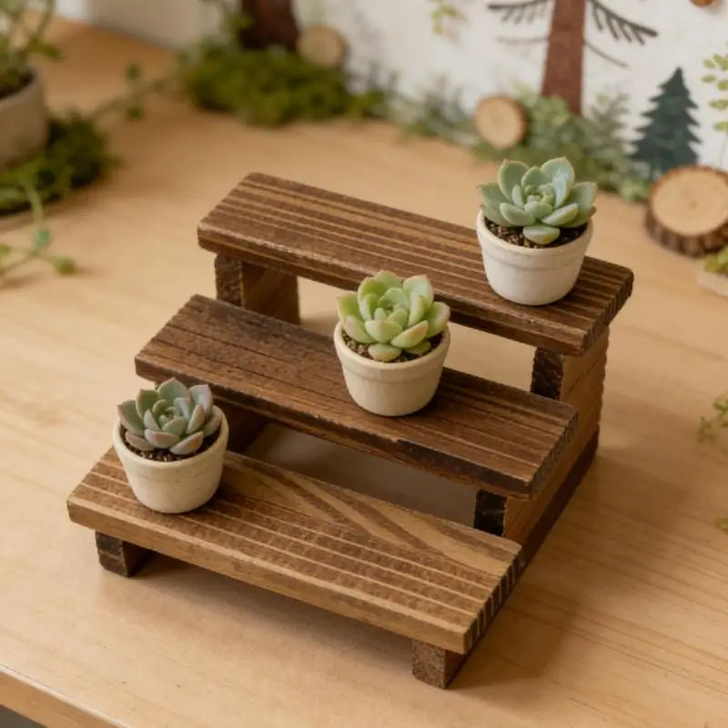 Dollhouse Miniature Wooden 3-Tier Flower Stand Shelf – 2pcs