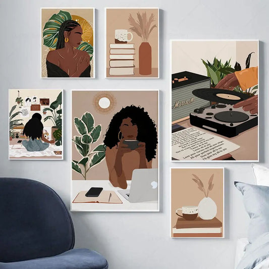 African Woman Reading Canvas Wall Art | Black Girl Poster Canvas Wall Art Peaceful Pleasures Health and Wellness