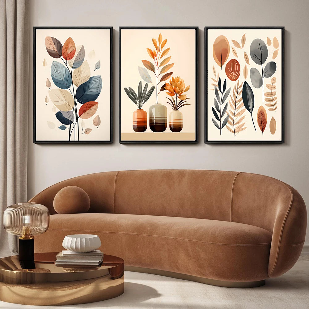 3 Sets of Retro Leaf Canvas Painting Wall Art Watercolor Vase Simple Abstract Poster and Printmaking for Living Room Decoration Peaceful Pleasures Health and Wellness