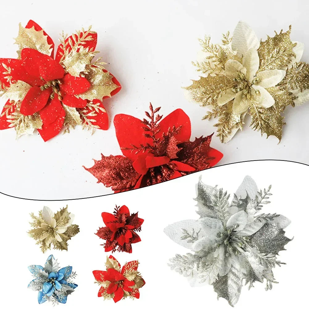 Christmas Glitter Poinsettia Flower Ornament | Xmas Tree Decor