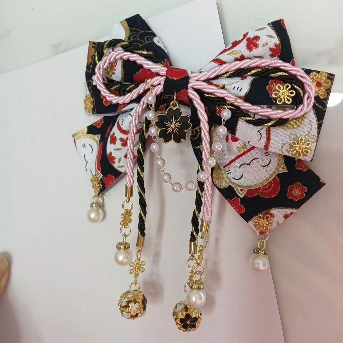 Japanese Style Girl with Hot Stamping Cherry Blossom Bow Hair Accessory Lolita Tassel Edge Clip Peaceful Pleasures Health and Wellness Tibetan Black