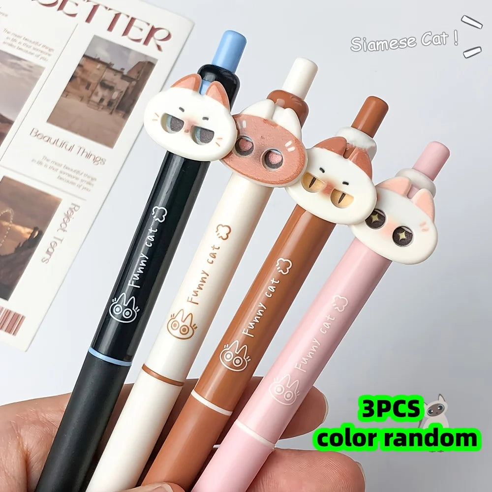 Cute Cat Gel Pens 3-Pack | Siamese Cat Shape Black Ink Pens