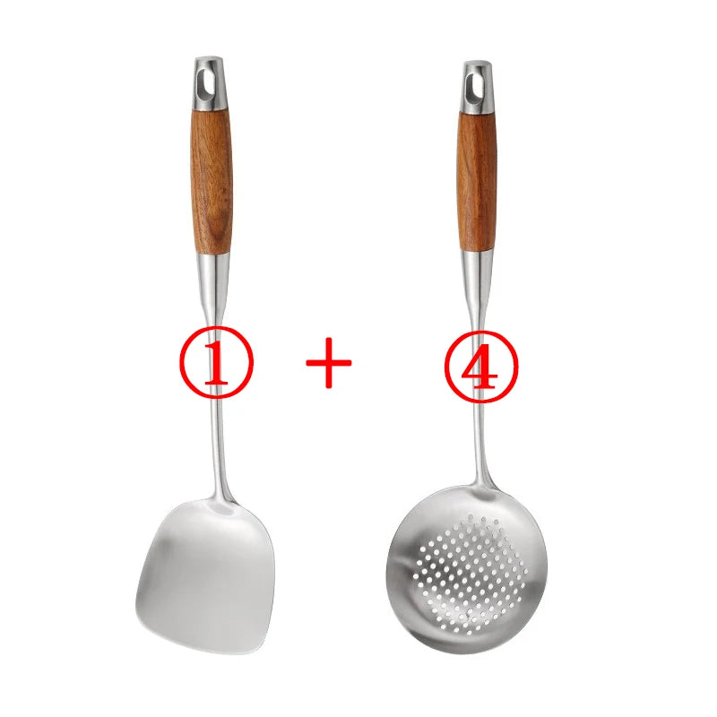 Rosewood Handle Stainless Steel Cookware Set Kitchen Durable Wok Spatula Colander Shovel Cooking Utensil Kitchenware Accessories