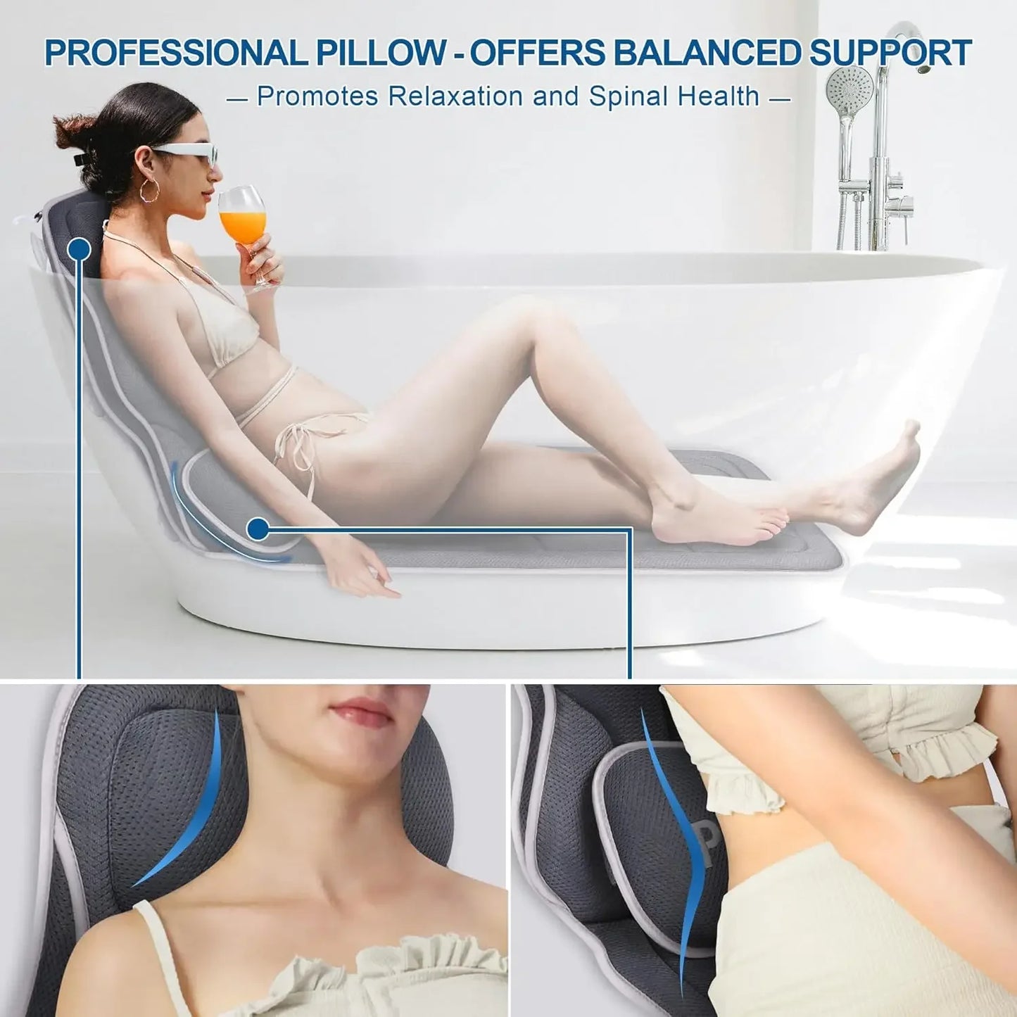 Extra Long Bath Pillow with Head, Back & Lumbar Support, 168 Suction Cups, Soft Mesh for All Tubs - Gray Peaceful Pleasures Health and Wellness