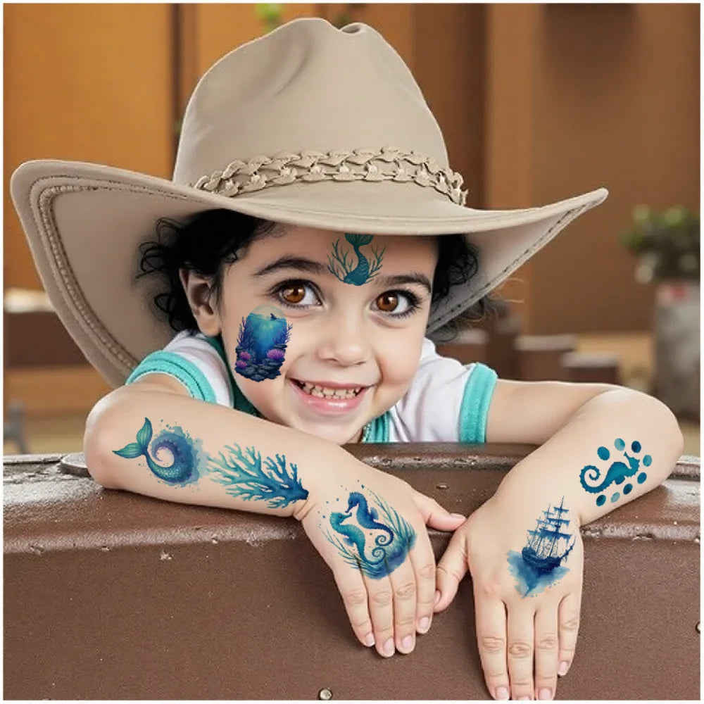 63-Piece Watercolor Ocean Temporary Tattoos – Ships & Seahorses