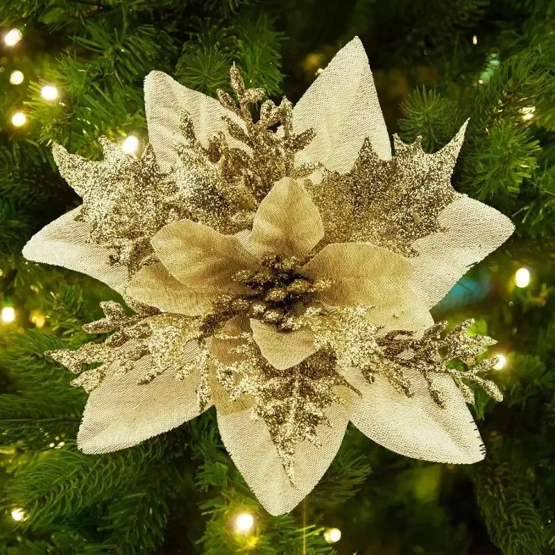 20 pieces of simulated Christmas flowers with clips and stems - lifelike red, gold, green, brown, purple, pink, orange, yellow, Peaceful Pleasures Health and Wellness Gold