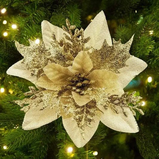 20 pieces of simulated Christmas flowers with clips and stems - lifelike red, gold, green, brown, purple, pink, orange, yellow, Peaceful Pleasures Health and Wellness Gold